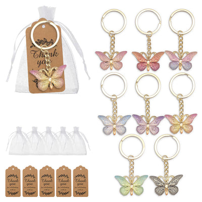 Eight butterfly keychain styles appear beside a packaged example, white pouches, and printed tags.