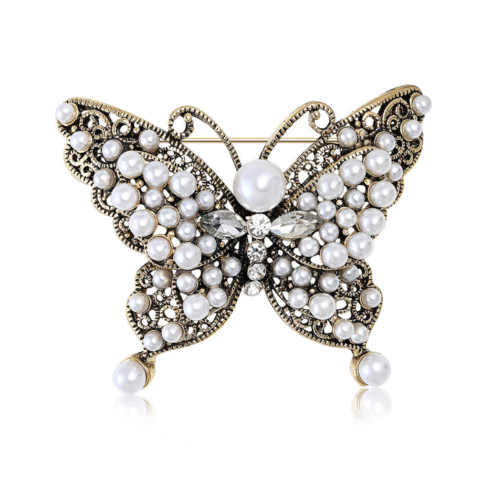 Pearl Butterfly Brooch Filigree Antique Gold Silver Crystal Pin