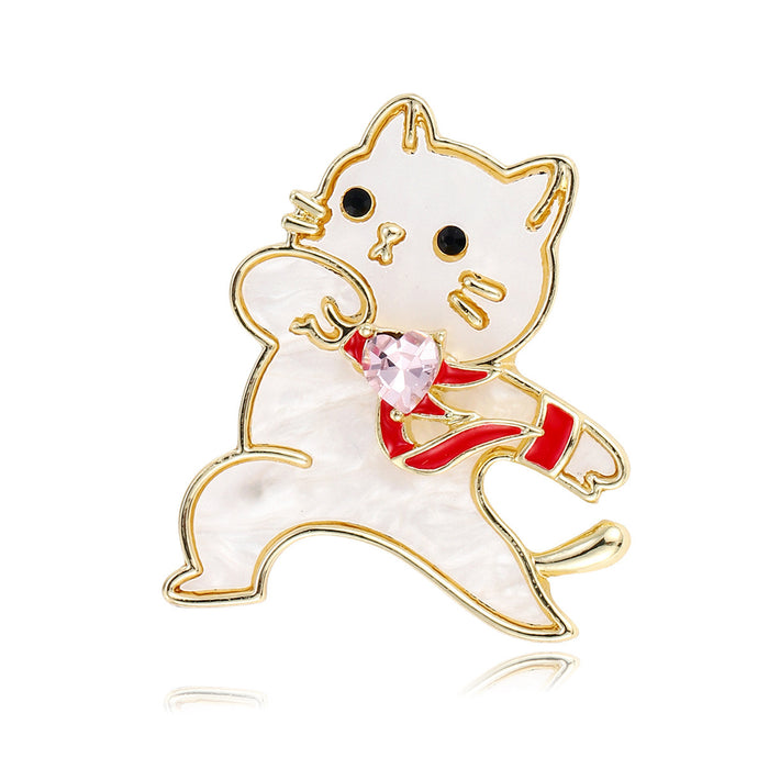 White Cat Pink Bow Gold Tone Metal Brooch Pin for Jackets