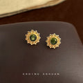 Gold Sunflower Stud Earrings Olive Green Center Crystal view 4