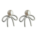 Silver Wire Bow Detachable White Pearl Stud Earrings view 5