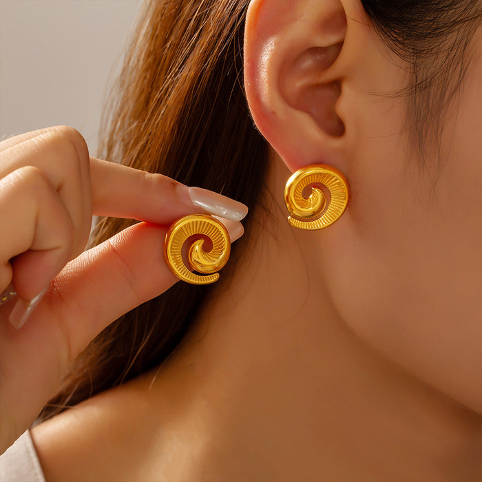 Spiral Swirl Stud Earrings Ribbed Texture Gold Steel Metal
