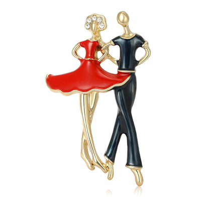 Dancing couple enamel brooch red dress black suit on white background