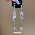 Iridescent Crystal Leaf And Pearl Chain Drop Earrings view 1