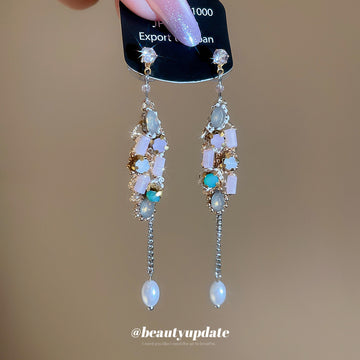 Iridescent Crystal Leaf And Pearl Chain Drop Earrings