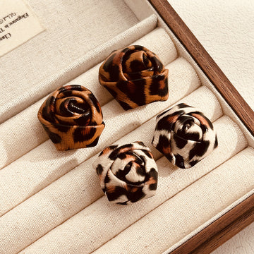 Brown and White Animal Print Dimensional Rose Stud Earrings