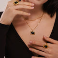 Gold Steel Black Agate Pendant Necklace Seed Bead Chain Stud Earrings view 2
