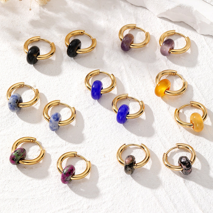 Gold Tone Huggie Earrings with Natural Stone Donut Beads