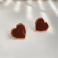 Burgundy Enamel Heart Stud Earrings Gold Tone Metal Rim view 5