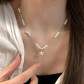 Silver Tone Pearl and Star Layered Pendant Necklace view 1