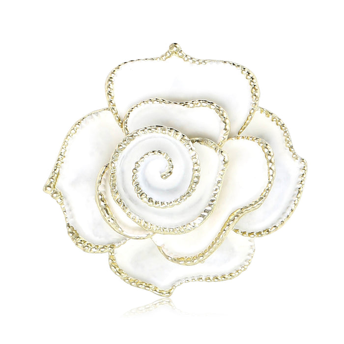 Gold Trim Camellia Brooch In White And Black Enamel