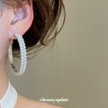 Silver Tone Pearl Hoop Earrings with Clear Crystal Rows view 3