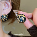 Leopard Pattern Rounded Square Stud Earrings Jewelry Pair view 3