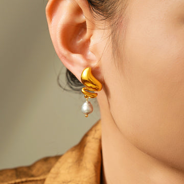 Spiral Wave Stainless Steel Pearl Drop Earrings Gold Steel