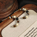 Brown Cream Black Beaded Mosaic Pattern Hoop Earrings view 2