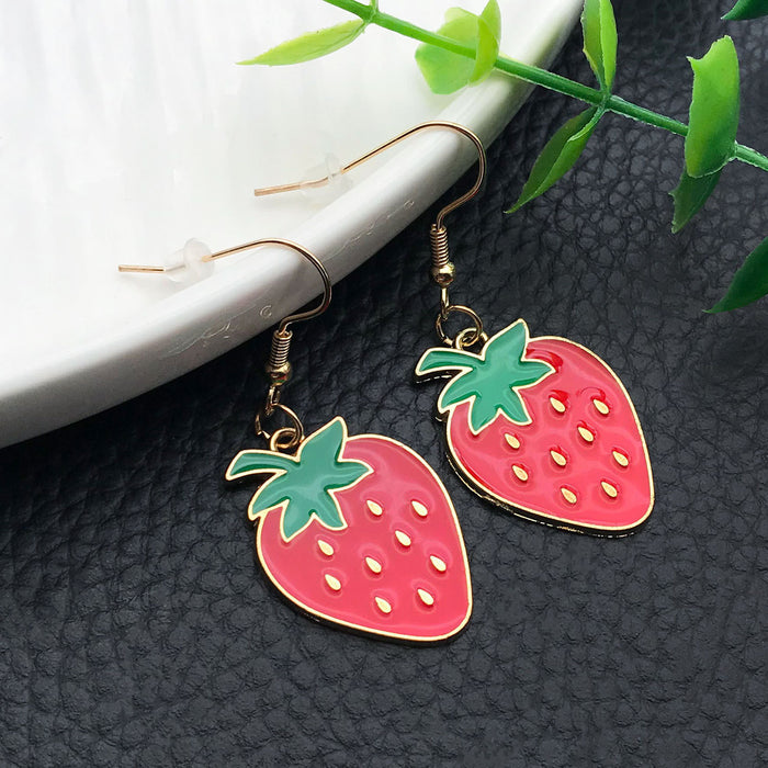 Glossy Red Strawberry Metal Hook Dangle Earring Pair
