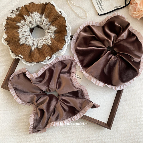 Coffee white lace scrunchie and two brown satin ruffle hair ties
