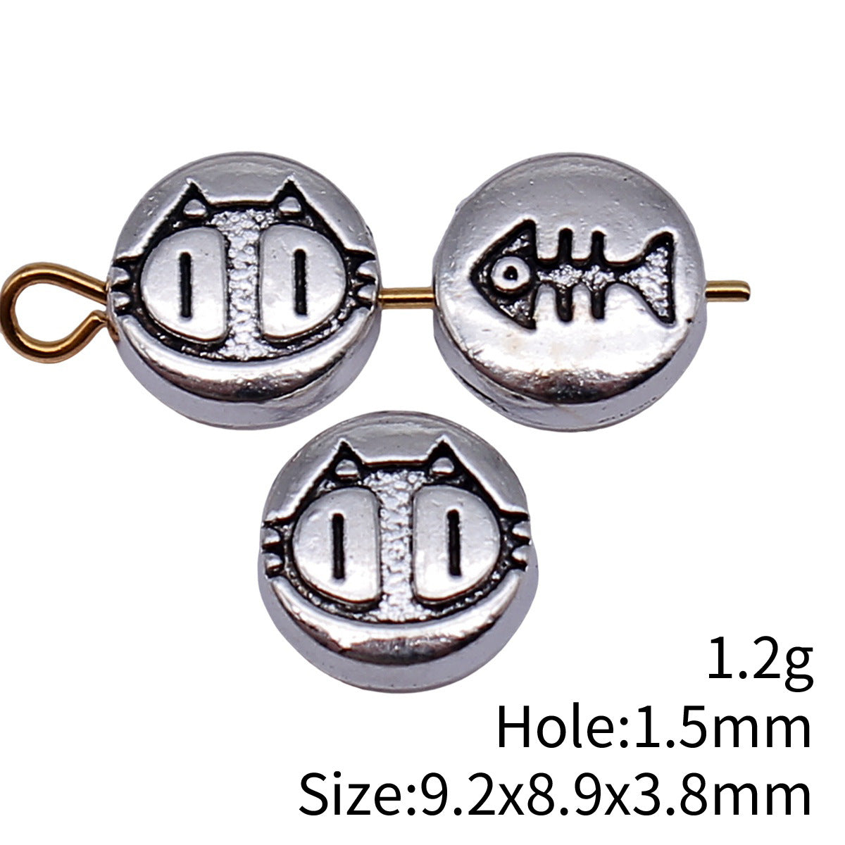 9.2x8.9x3.8mm 1.2g Antique Silver Zinc Alloy Cat Fishbone Pattern Round Flat Spacer Fish Beads for DIY Jewelry
