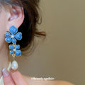 Blue Enamel Floral Cluster and Pearl Drop Stud Earrings view 3