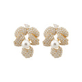 Crystal Petal Flower Stud Earrings With Faux Pearl Centers view 5