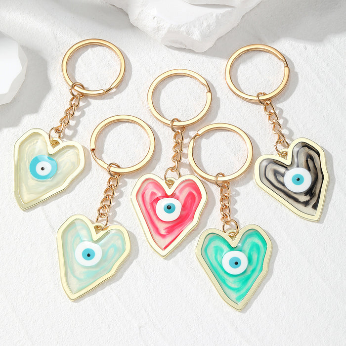 Gold Frame Marbled Resin Heart Evil Eye Keychain 5 Colors