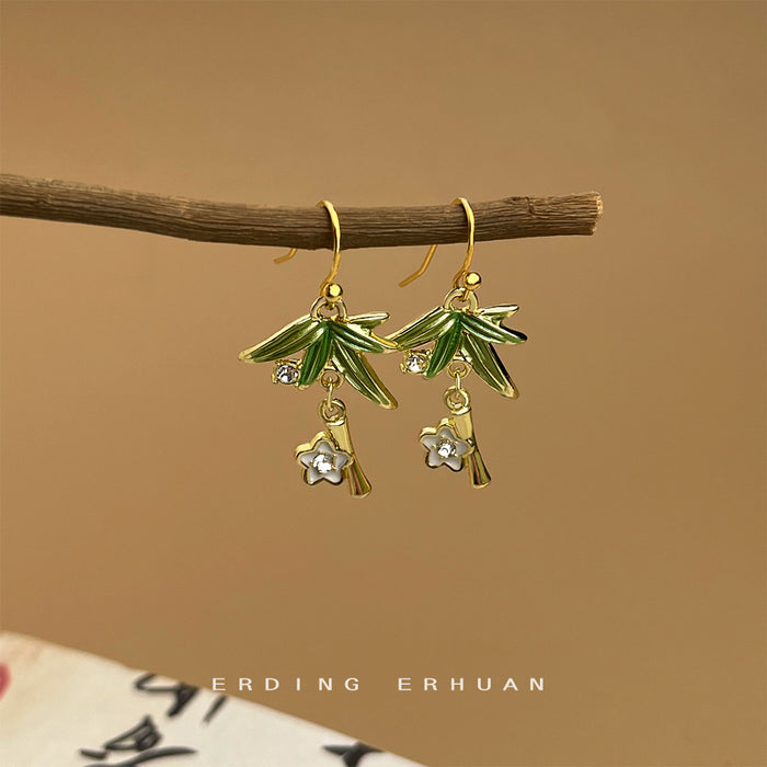 Gold Bamboo Leaf Drop Earrings Green Enamel Flower Charm