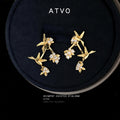 Gold Tone Bird Leaf Branch And Clear Flower Stud Earrings view 6