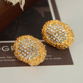 Gold Oval Textured Stud Earrings Pearl or Crystal Center view 4