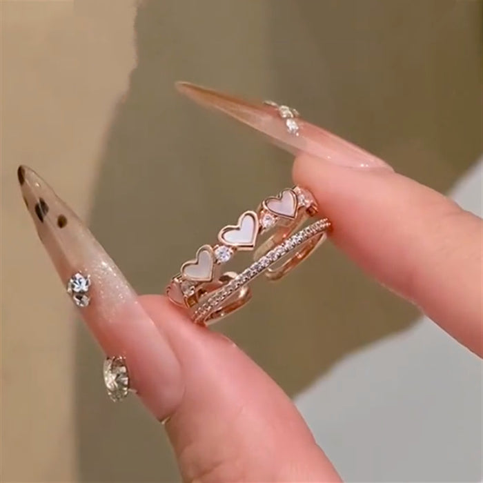 Rose Gold Mother of Pearl Heart Double Layer Open Zircon Ring