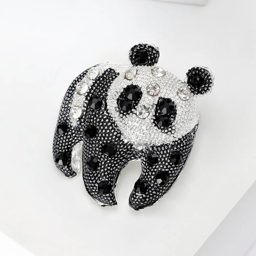 Panda brooch front view showing black crystal eyes and spots