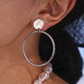 Large Hoop Drop Earrings With Round Disc Stud Tops view 4