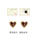 Wine Red Enamel Heart Stud Earrings Gold Beaded Border Star CZ view 3