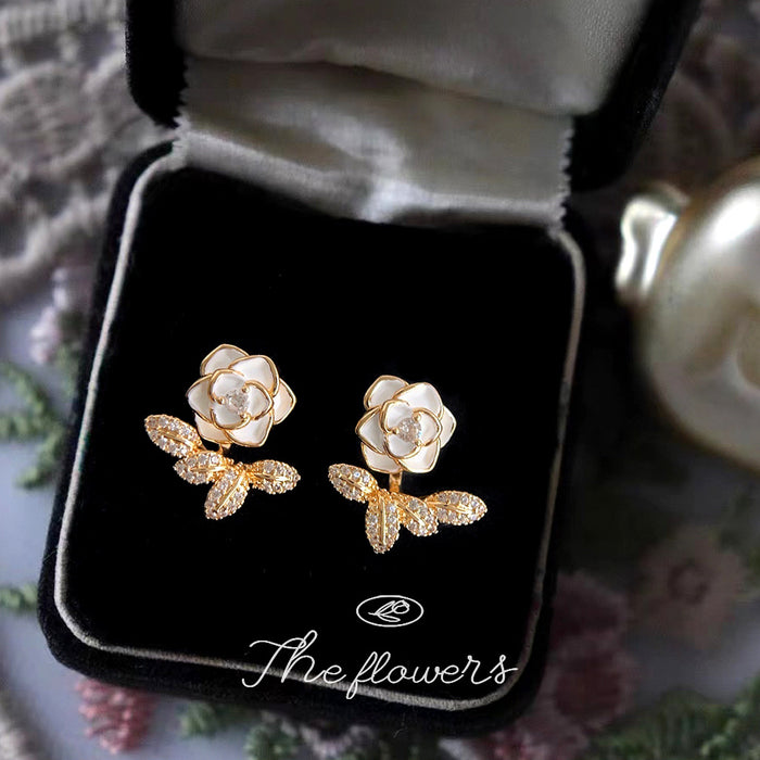 Gold White Enamel Camellia Pave Leaf Jacket Earrings