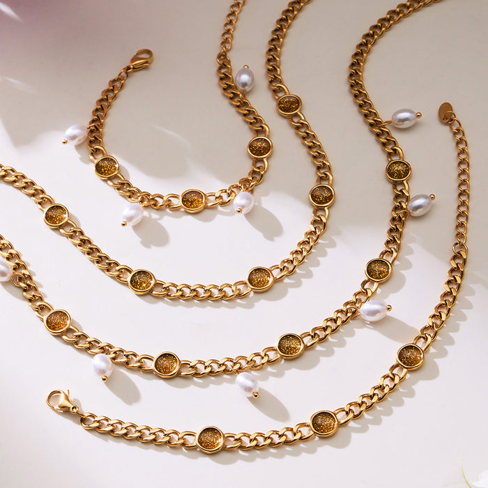 Gold Cuban Oil Drop Disc Necklace Bracelet Pearl Styles