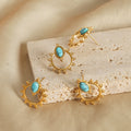 Gold Sunburst Hoop Stud Earrings Oval Turquoise Stone Top view 4