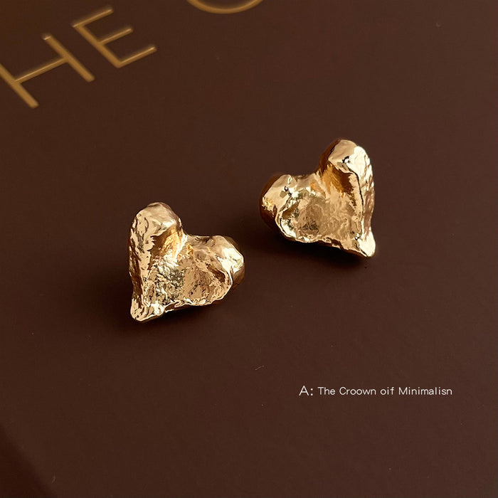 Rough Texture Irregular Heart Stud Earrings In Gold And Silver Tone