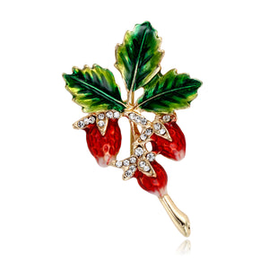 Enamel Strawberry Branch Brooch with Gold-Tone Stem and Leaves