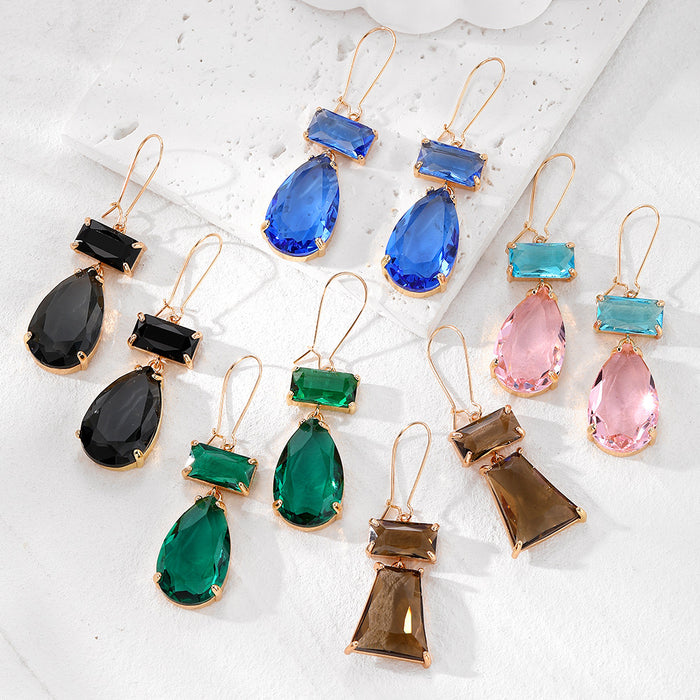 Dual Stone Geometric Crystal Dangle Earrings 5 Color Styles
