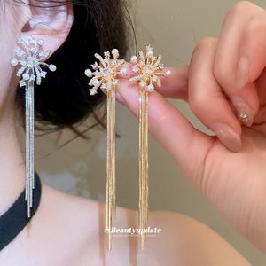 Firework Stud Earrings With Clear Stones And Long Chain Tassels
