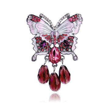 Pink Crystal Butterfly Teardrop Fringe Metal Brooch Pin