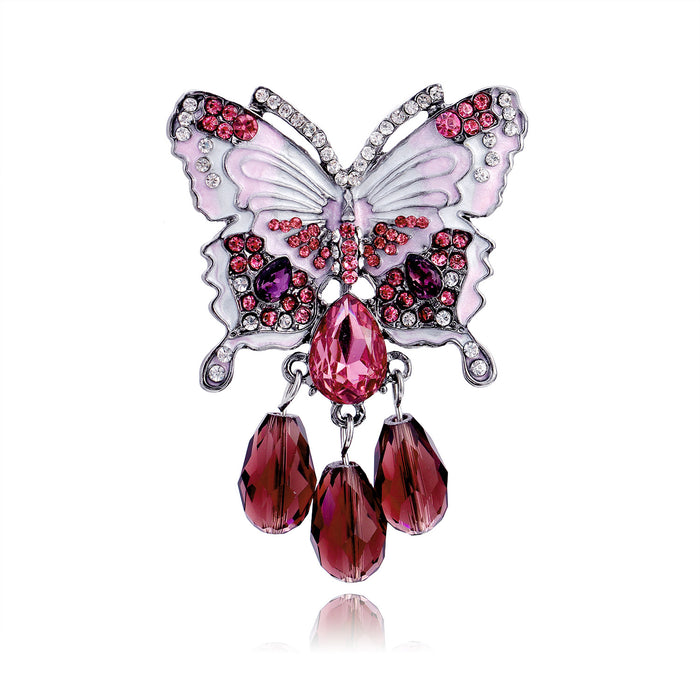 Pink Crystal Butterfly Teardrop Fringe Metal Brooch Pin