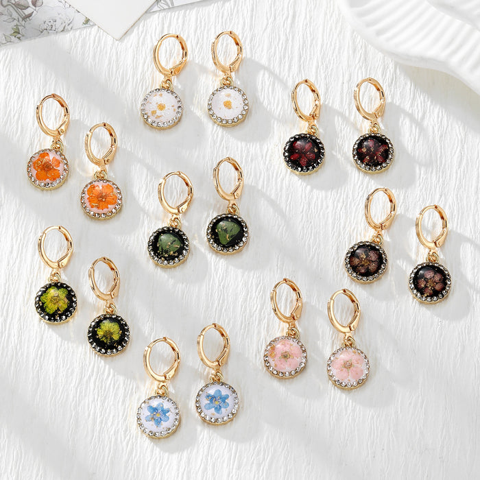 Gold Tone Rhinestone Round Pressed Flower Huggie Earrings in Nine Options