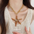 Brown Starfish Pendant Chunky Gold Tone Chain Necklace view 3
