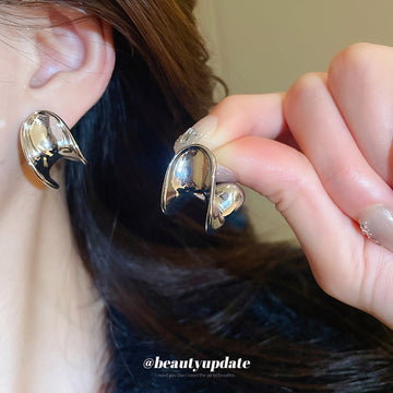 Polished Silver Tone Sculptural C Hoop Stud Earrings