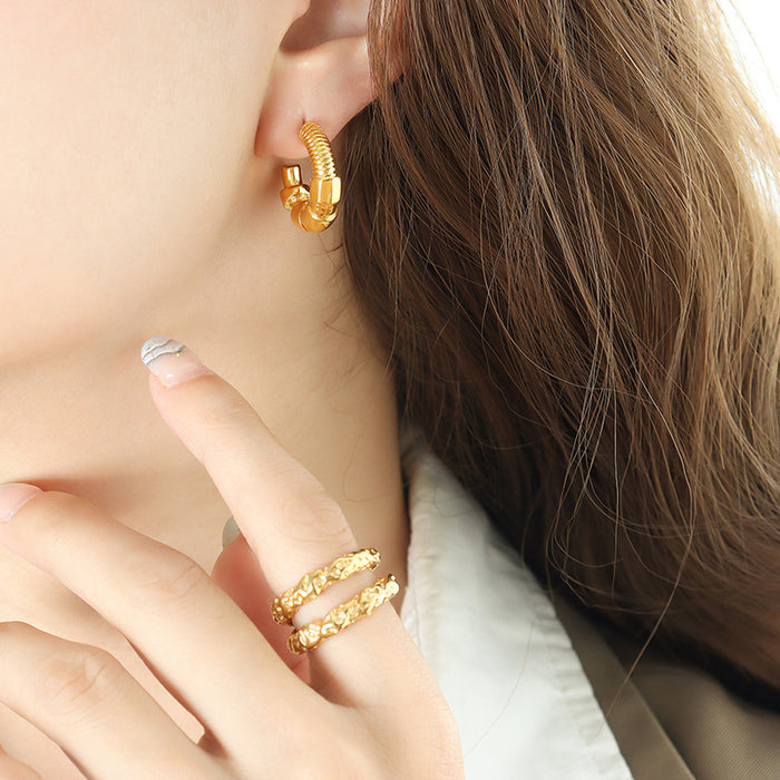 Irregular Threaded C-Shape Nut Hoop Earrings Gold Steel