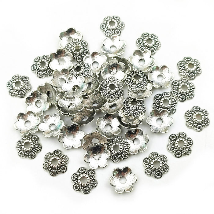 Antique Silver Tone Small Flower Shaped Metal Bead Caps