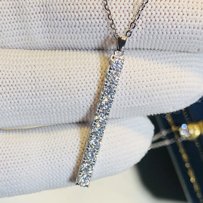 Silver Clear Crystal Vertical Bar Pendant Necklace Chain