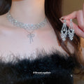Silver Rhinestone Scallop Necklace Earring Set Bow Pendant view 1