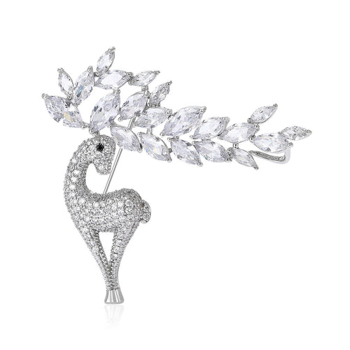 Silver tone crystal deer brooch standing with clear antlers