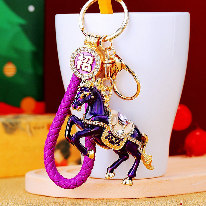 Jeweled Galloping Horse Keychains with Braided Strap Options